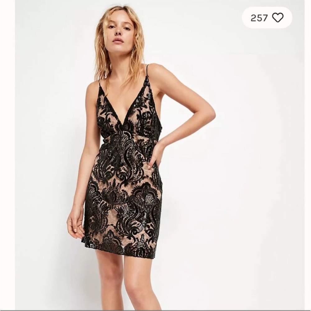Free People Night Shimmer Black Lace Sequined Mini Dress Deep V Neckline